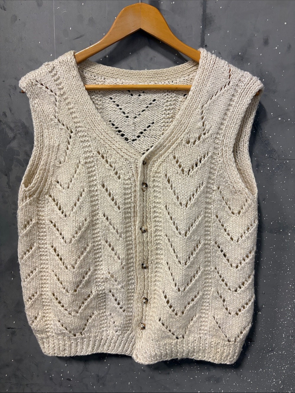 Vintage Men’s Cream Hand Knit Button-Front Sweater Vest grandpa core
